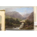 AN UNFRAMED ANTIQUE OIL ON CANVAS DEPICTING A MOUNTAINOUS RIVER SCENE WITH FIGURES AND CATTLE S/D
