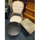 AN UPHOLSTERED BUTTON BACK BEDROOM CHAIR TOGETHER WITH A PIANO STOOL AND A CIRCULAR OCCASIONAL