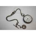 AN ANTIQUE SILVER POCKET WATCH ON SILVER ALBERT CHAIN WITH FOB