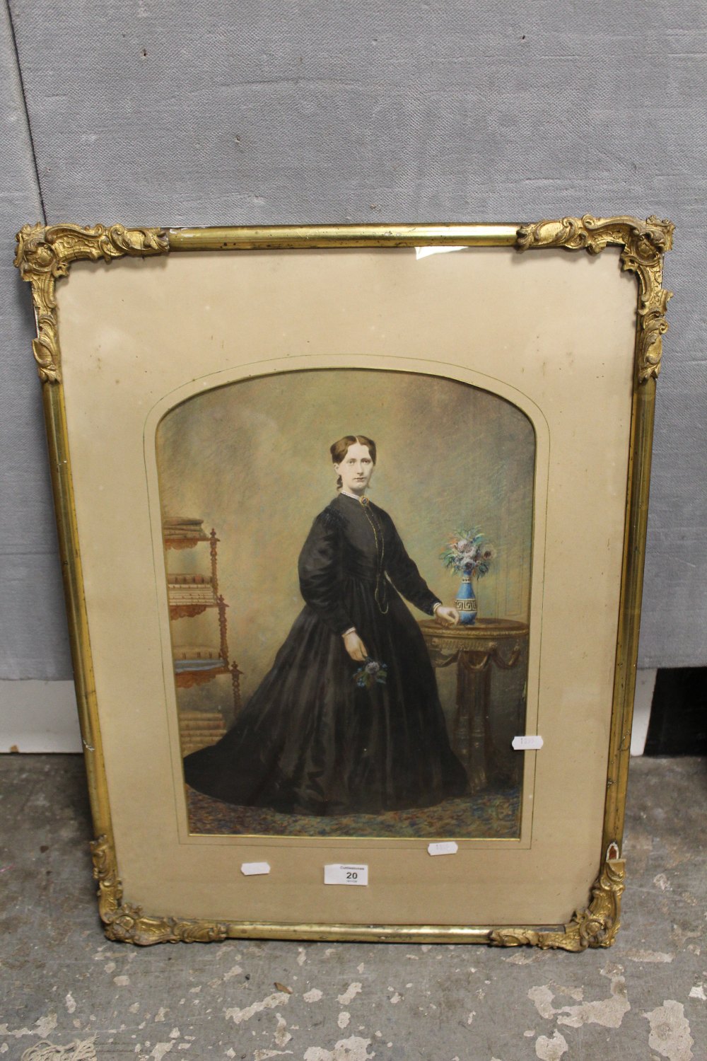 AN ANTIQUE GILT FRAMED AND GLAZED MIXED MEDIA OVER PRINT BASED FULL LENGTH PORTRAIT STUDY OF A