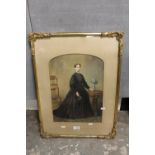 AN ANTIQUE GILT FRAMED AND GLAZED MIXED MEDIA OVER PRINT BASED FULL LENGTH PORTRAIT STUDY OF A