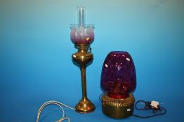 TWO VINTAGE CONVERTED BRASS OIL LAMPS WITH SHADES