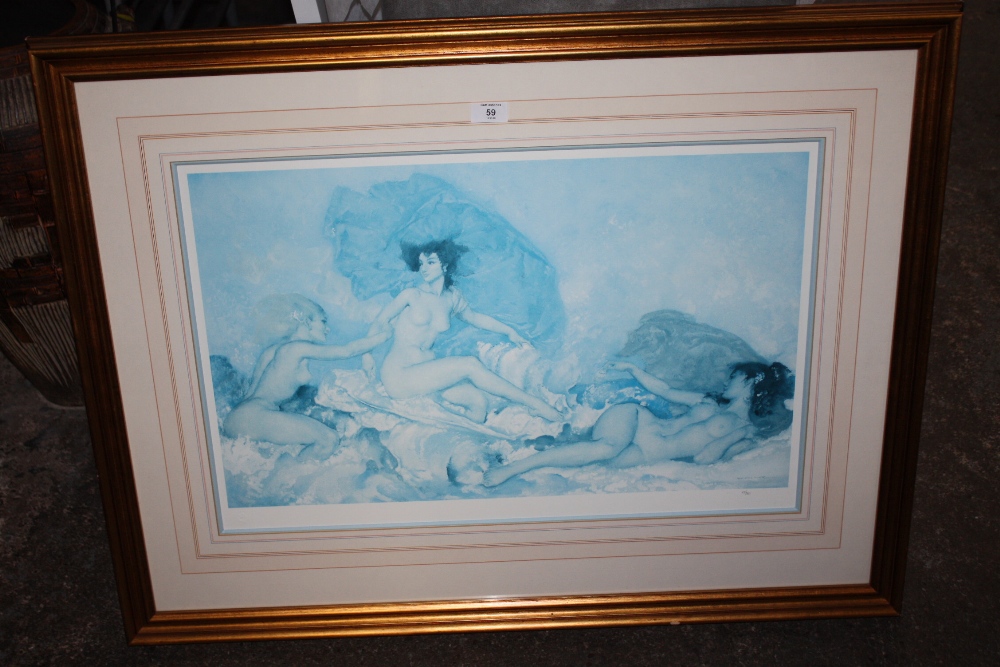 A LARGE GILT FRAMED AND GLAZED LIMITED EDITION W RUSSELL PRINT ENTITLED 'ROCOCO APHRODITE' 631/850