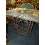 A VINTAGE SINGER CAST TABLE WITH HEAVY MARBLE TOP H-74 W-85 CM