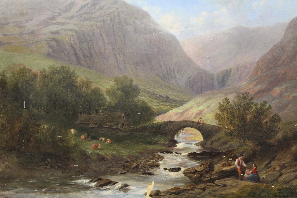 AN UNFRAMED ANTIQUE OIL ON CANVAS DEPICTING A MOUNTAINOUS RIVER SCENE WITH FIGURES AND CATTLE S/D - Image 2 of 4