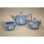 A BLUE WEDGWOOD JASPERWARE 3 PIECE TEA SERVICE