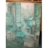 AN UNFRAMED MIXED MEDIA ON CANVAS OF A CONTINENTAL STREET SCENE