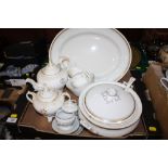 A TRAY OF WHITE AND GILT CHINA TO INCLUDE A VICTORIAN STYLE FOUR PIECE TEA SERVICE