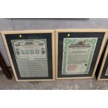 TWO FRAMED AND GLAZED RAILWAY INTEREST BONDS COMPRISING OF A KENTUCKY AND GREAT EASTERN RAILWAY