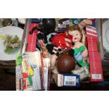 A SMALL TRAY OF VINTAGE DOLLS, TOY CARS ETC.