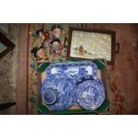 FOUR CHARACTER JUGS TO INCLUDE ROYAL DOULTON EXAMPLES, TOGETHER WITH A SMALL TRAY OF BLUE AND