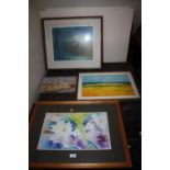TWO FRAMED WATERCOLOURS OF A LANDSCAPE AND FLOWERS TOGETHER WITH AN UNFRAMED WATERCOLOUR OF CATTLE