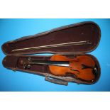 A CASED VINTAGE ONE PIECE BACK VIOLIN AND BOW, A/F