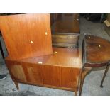 A RETRO TEAK MUSIC CABINET WITH CONCERTINA DOORS H-61 CM W-93 CM WITH A HALF MOON TABLE AND TEAK