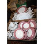 TWO TRAYS OF ASSORTED TEA AND DINNERWARE TO INCLUDE ROYAL SWAN CHINESE FRET, THOMAS GERMAN CHINA