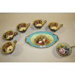 FIVE AYNSLEY COBALT BLUE TEACUPS WITH ORCHARD GOLD INTERIORS, TOGETHER WITH AN ORCHARD GOLD TRAY AND