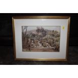 A GILT FRAMED AND GLAZED WATERCOLOUR DEPICTING A WATERFALL WITH FIGURE SIGNED T. CRESWICK 1860