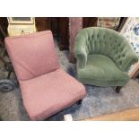 A VINTAGE GREEN UPHOLSTERED TUB STYLE ARMCHAIR AND ANOTHER CHAIR (2)