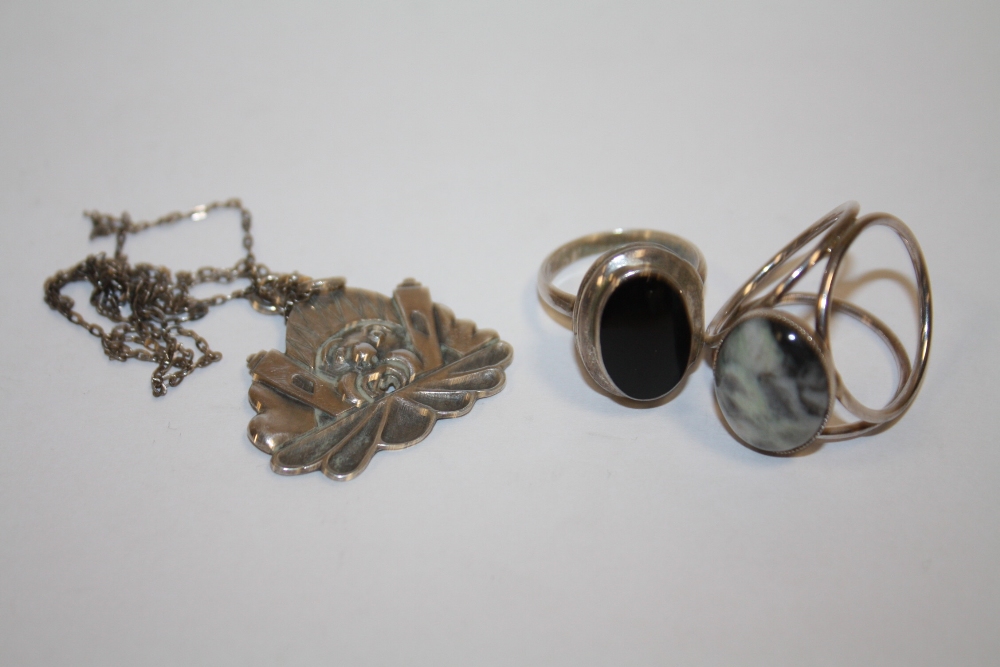 A SILVER PENDANT ON CHAIN, LOCKET RING AND ANOTHER (3)