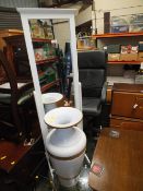 A GLASS TOP COFFEE TABLE, BLACK SWIVEL OFFICE CHAIR, WHITE CHEVAL MIRROR AND LARGE VASE (4)