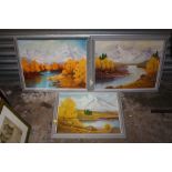 THREE FRAMED OIL PAINTINGS DEPICTING ALPINE LAKE SCENES ALL BY J W GITTINGS (ONE FRAME A/F)