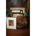 A BOX OF PICTURES AND PRINTS TO INCLUDE A STILL LIFE OIL ON CANVAS