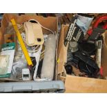 TWO BOXES OF MIXED ITEMS PLUS A CASED POWER MASTER ROTARY LASER LEVEL