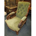 A LARGE VICTORIAN MAHOGANY SCROLL ARM, BUTTON BACKED GENTLEMANS ARMCHAIR