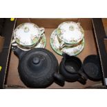 A WEDGWOOD BLACK BASALT THREE PIECE TEA SERVICE A/F TOGETHER WITH A PAIR OF SPODE BYRON LIDDED CUPS
