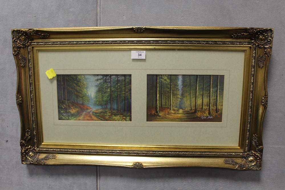 A GILT FRAMED AND GLAZED TWO IN ONE FRAME PAIR OF WATERCOLOURS DEPICTING WOODLAND SCENES SIGNED ALAN