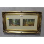 A GILT FRAMED AND GLAZED TWO IN ONE FRAME PAIR OF WATERCOLOURS DEPICTING WOODLAND SCENES SIGNED ALAN