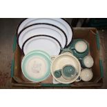A TRAY OF DENBY STONEWARE, BOOTHS MEAT PLATES ETC