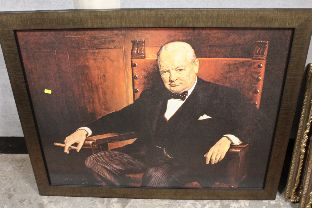 A LARGE FRAMED AND GLAZED PRINT OF WINSTON CHURCHILL