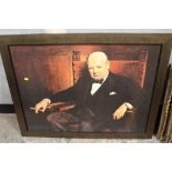 A LARGE FRAMED AND GLAZED PRINT OF WINSTON CHURCHILL