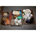 THREE BOXES OF CERAMICS AND METALWARE ETC TO INCLUDE STONEWARE JARS, ROYAL ALBERT PLATE ETC