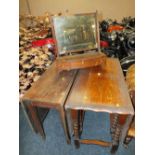 A GEORGIAN MAHOGANY DROPLEAF TABLE AND A DRESSING MIRROR - A/F TOGETHER WITH AN OAK BARLEYTWIST