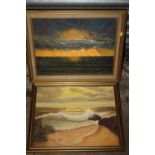TWO GILT FRAMED OIL PAINTINGS ON BOARD DEPICTING SEASCAPES AT SUNSET BOTH SIGNED J W GITTINGS