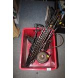 A BOX OF ANTIQUE FIRE IRONS, CAST METAL URN WITH ONYX POMMEL, IRON ETC.