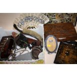 A BOX OF ASSORTED COLLECTABLES TO INCLUDE CHESS PIECES, STETHOSCOPE, ORIENTAL STYLE SILK WORK