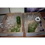 TWO TRAYS OF ASSORTED GLASSWARE TO INCLUDE EDINBURGH CRYSTAL, ETCHED GLASS DECANTER ETC.