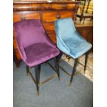 A HARLEQUIN PAIR OF MODERN TEAL AND PURPLE UPHOLSTERED BAR STOOLS (2)