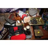 A TRAY OF COLLECTABLES TO INCLUDE CASED BINOCULARS, SCALES AND WEIGHTS ETC.