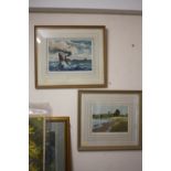 TWO FRAMED AND GLAZED SIGNED JAMES PRIDDEY PRINTS ENTITLED 'BIDFORD ON AVON' AND 'OVER THE SEA TO