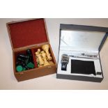 A CLASSIQUE GENTS WATCH AND WALLET SET TOGETHER WITH A BOX OF CHESS PIECES