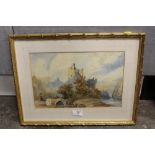 A GILT FRAMED AND GLAZED VINTAGE WATERCOLOUR DEPICTING A HILL TOP CASTLE