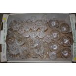 A TRAY OF CUT GLASS TO INCLUDE A FRUIT BOWL, DRINKING GLASSES ETC