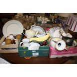 THREE TRAYS OF ASSORTED CERAMICS TO INCLUDE A SADLER TEAPOT, COALPORT ETC