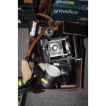 A BOX OF VINTAGE CAMERAS AND ACCESSORIES