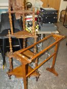 A VICTORIAN WALNUT 4 TIER CORNER WOT NOT TOGETHER WITH AN EDWARDIAN TOWEL RAIL - BOTH A/F