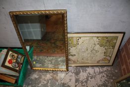 A FRAMED AND GLAZED MAP OF STAFFORDSHIRE TOGETHER WITH A GILT FRAMED BEVEL EDGED MIRROR